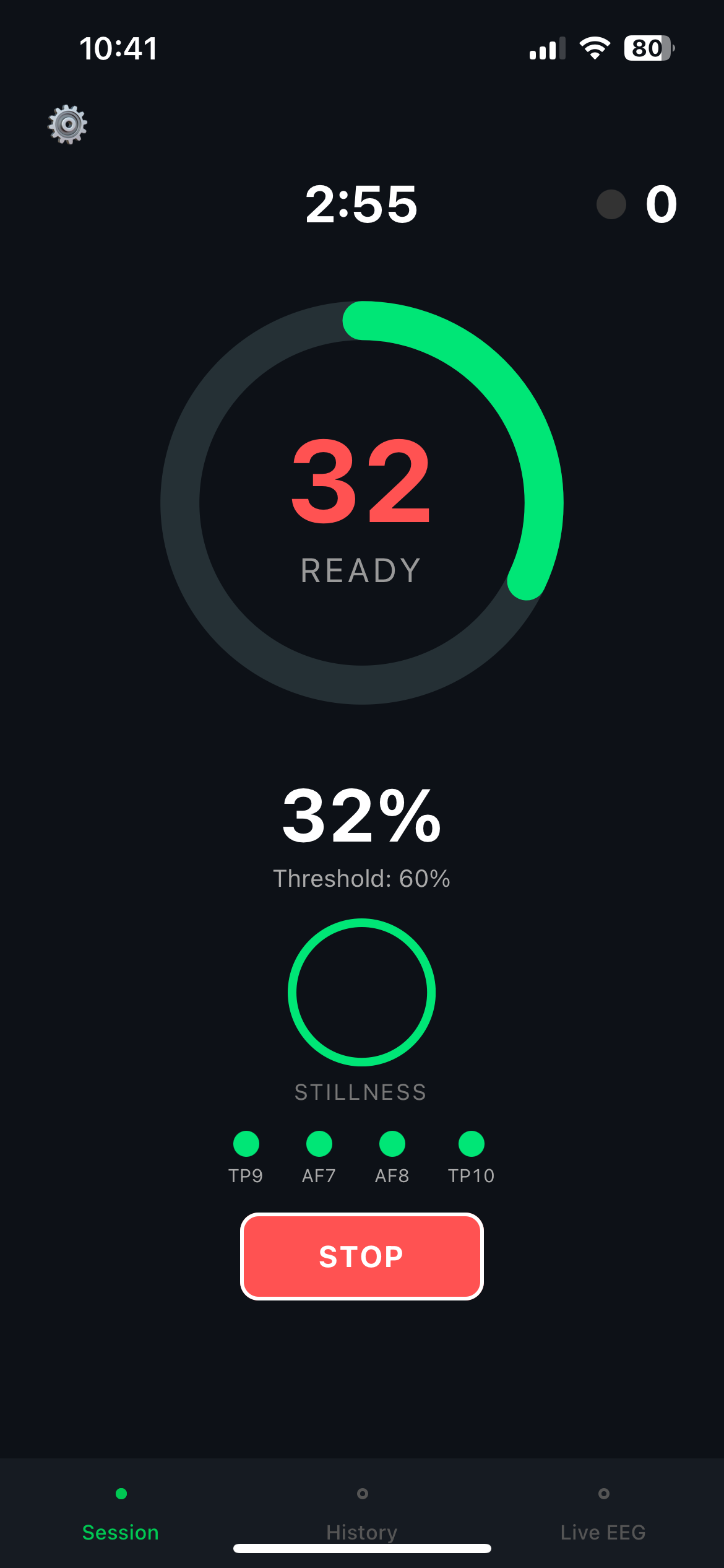 Session screen showing real-time flow state gauge below threshold